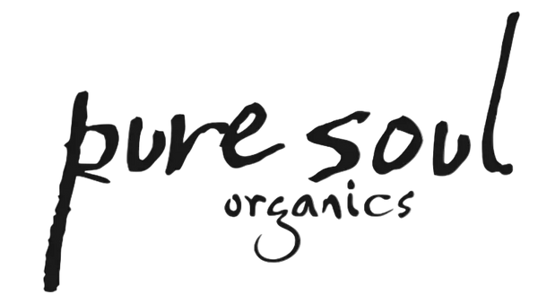 Logo of 'pure soul organics' with a stylized design on a white background